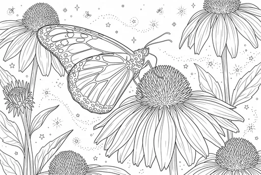 Monarch Butterfly and Coneflowers Coloring Page