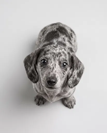 Silver Dapple Dachshund Puppy Looking Up