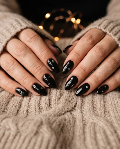 Glossy Black Almond Nails With Silver Stars