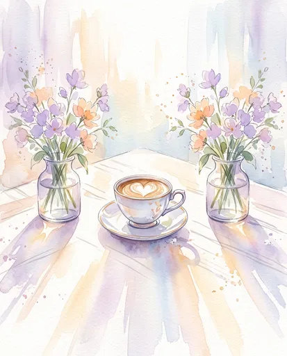 Watercolor Coffee Cup With Pastel Flower Vases