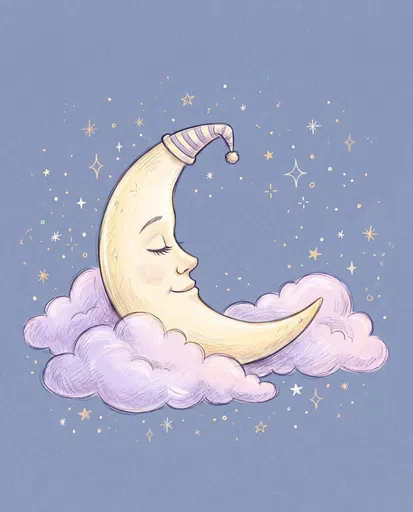 Sleeping Crescent Moon Colored Pencil Illustration