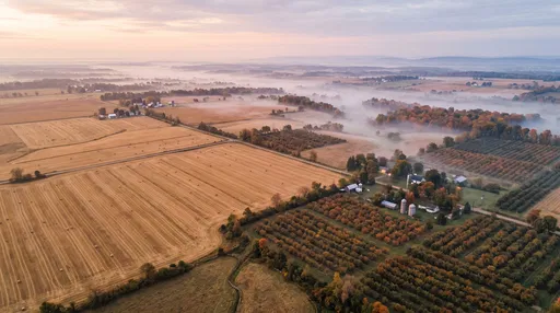 Aerial View of Misty Autumn Farmland