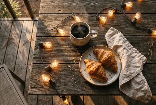 Morning Coffee and Croissants on Rustic Deck