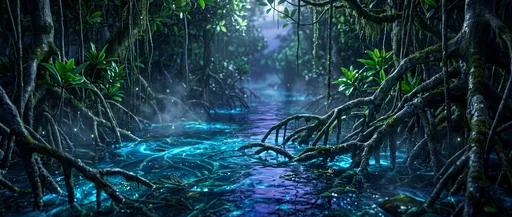 Glowing Bioluminescent Mangrove Swamp at Twilight