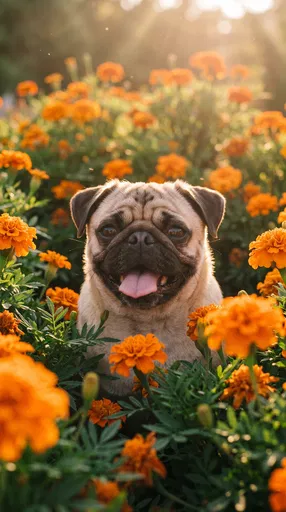 Happy Pug in Orange Marigold Garden