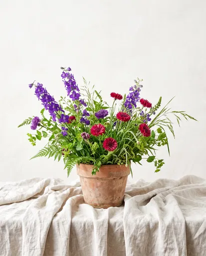 Wildflowers in Terracotta Pot on Linen