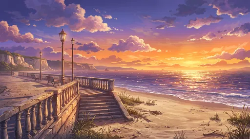 Anime Seaside Promenade at Sunset