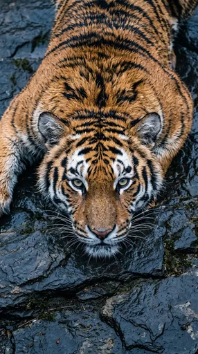 Overhead Portrait of Tiger on Wet Rock