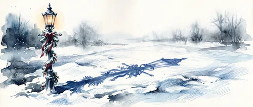 Watercolor Winter Lamppost With Holiday Garland