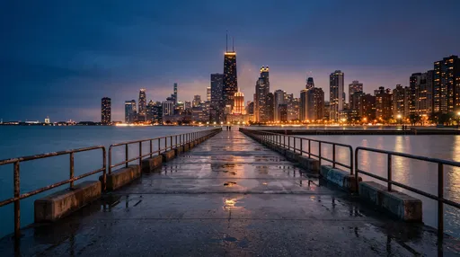 Chicago Skyline From Wet Concrete Pier