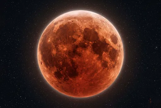 Glowing Red Blood Moon in Starry Space