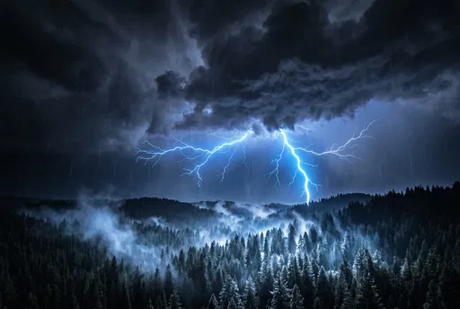 Blue Lightning Storm Over Misty Pine Forest