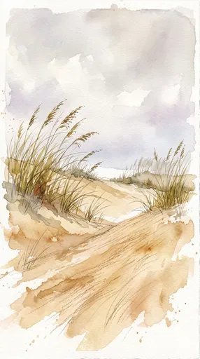 Watercolor Coastal Sand Dune With Sea Oats