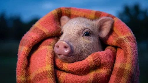 Cute Piglet Wrapped in Plaid Blanket