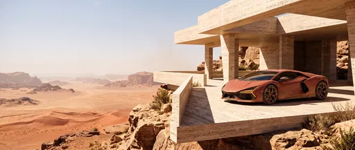 Terracotta Sports Car on Desert Cliff Pavilion