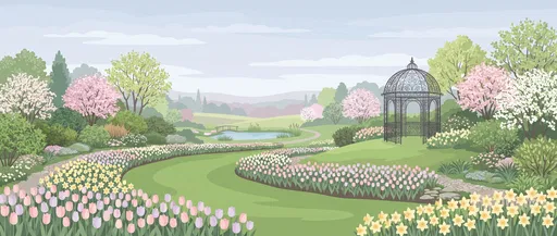 Spring Botanical Garden Panoramic Illustration