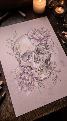 Pastel Skull and Peony Sketch by Candlelight
