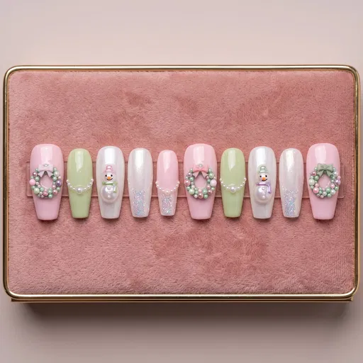 Pastel Christmas Press-On Nails on Velvet Tray