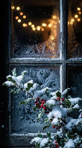 Snowy Holly Branch Outside Frosted Window