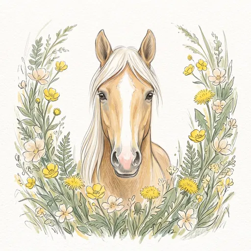 Palomino Horse Portrait in Wildflower Frame