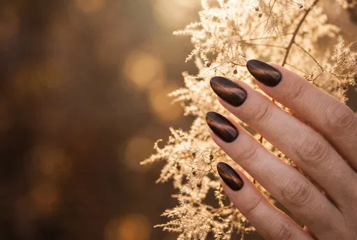 Dark Brown Cat-Eye Manicure in Sunlight