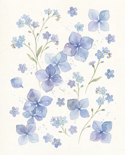 Watercolor Pastel Blue Forget-Me-Not and Hydrangea Flowers