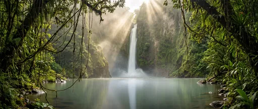 Tropical Jungle Waterfall with Sunbeams and Lagoon