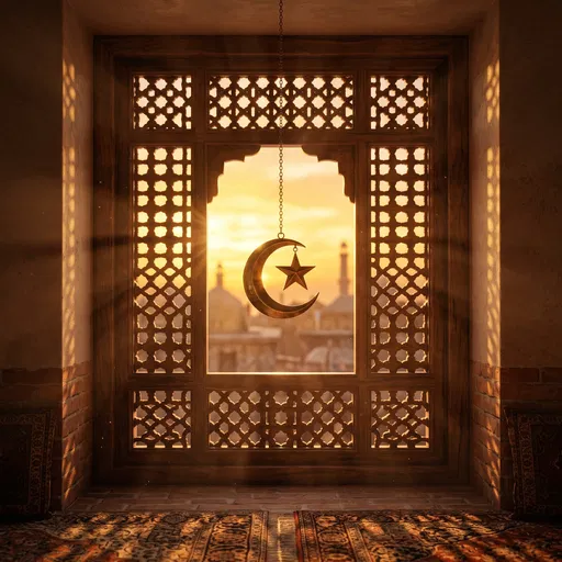 Brass Crescent Ornament in Mashrabiya Window