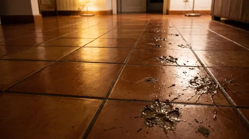 Muddy Paw Prints on Terracotta Tile Floor
