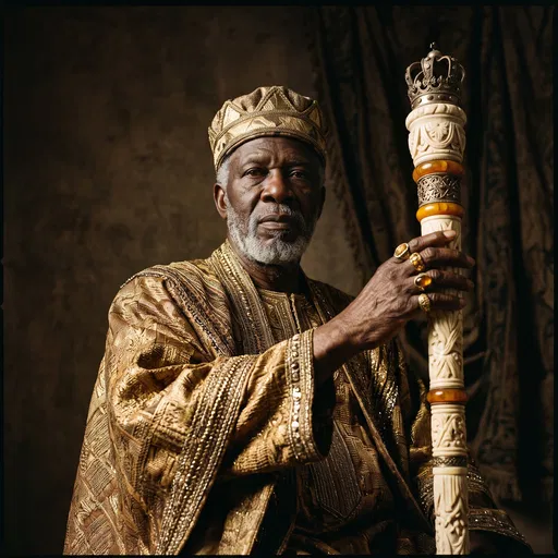 Regal Older King Holding Ceremonial Scepter