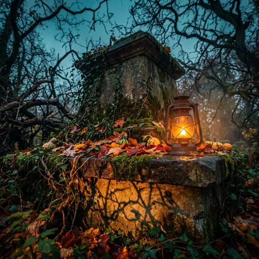 Glowing Lantern on Mossy Autumn Stone Pedestal