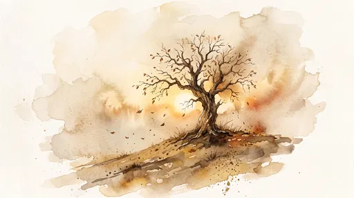 Watercolor Lone Autumn Tree on Hilltop