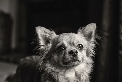 Monochrome Portrait of Long-Haired Chihuahua