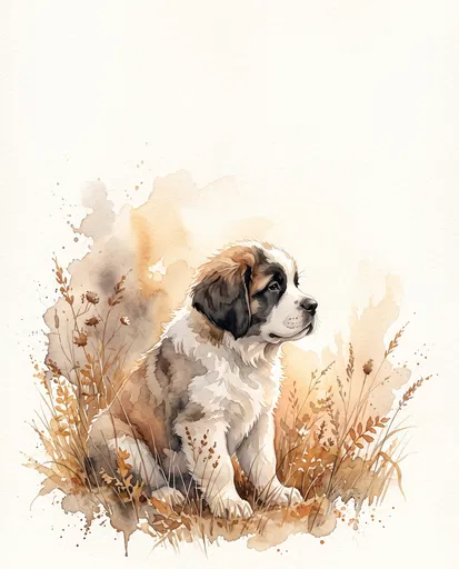 Watercolor Saint Bernard Puppy in Autumn Grass