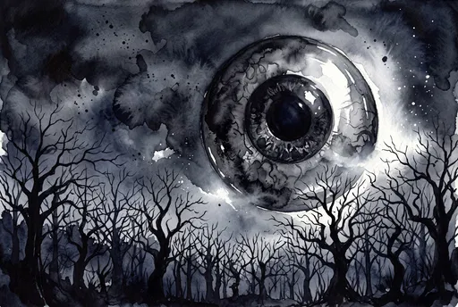 Giant Gothic Eyeball Moon Over Forest