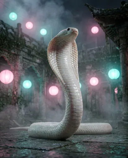 White King Cobra in Misty Courtyard
