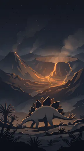 Stegosaurus in Volcanic Valley at Night