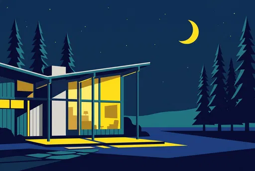 Mid-Century Modern House at Night Illustration