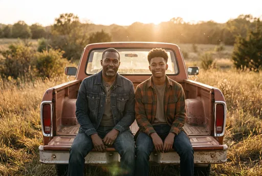 Father and Son Sitting on Truck Tailgate