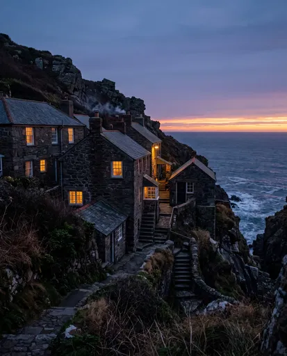 Stone Cliffside Cottages at Twilight Sunset