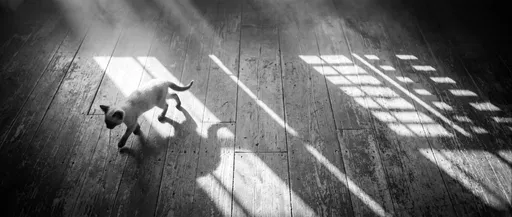 Monochrome Siamese Kitten on Sunlit Wooden Floor