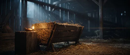 Rustic Wooden Manger in Moonlit Stable