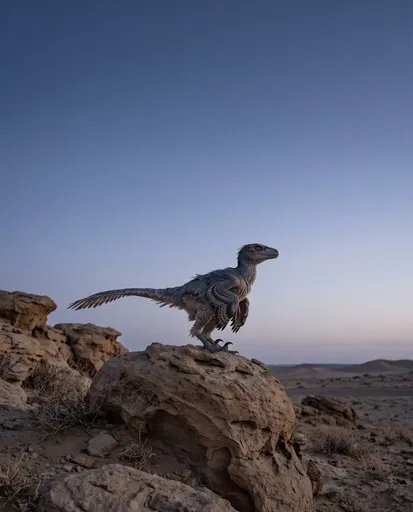 Feathered Velociraptor on Desert Rock at Dusk
