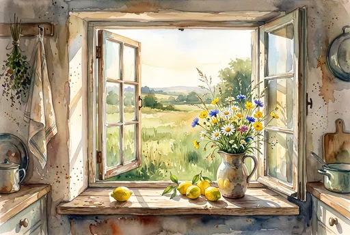Watercolor Country Kitchen Window With Wildflowers