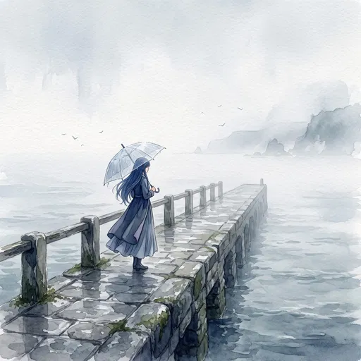Anime Woman with Umbrella on Misty Pier