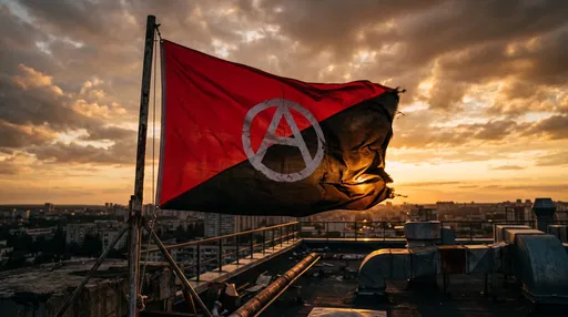 Anarchist Flag on Urban Rooftop at Sunset
