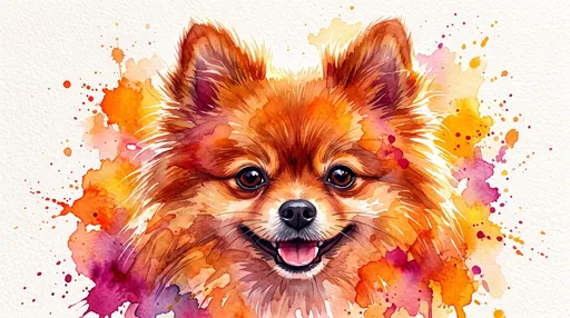 Watercolor Portrait of Smiling Red Pomeranian