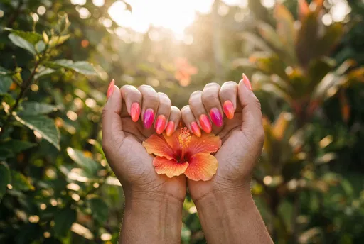 Hands With Tropical Ombre Nails Holding Hibiscus