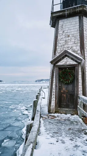 Weathered Wooden Lighthouse With Holiday Wreath