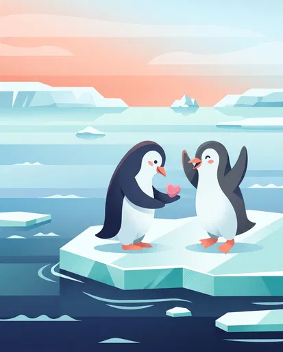 Two Penguins Exchanging Heart on Ice Floe